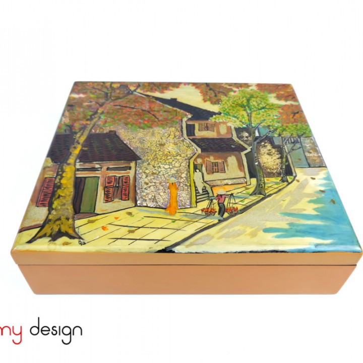 Orange rectangle lacquer box hand painted with Old Quarter 27*30*H9 cm